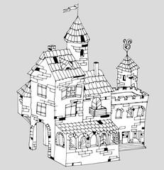 Fairy tale ancient brick house or mansion, graphic vector illustration ro coloring pages or other.