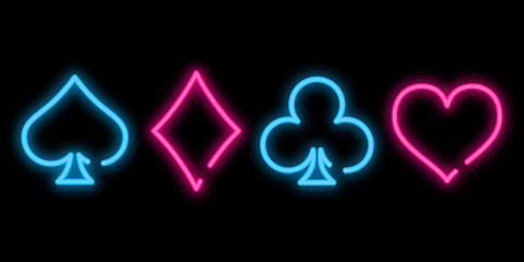 Neon colored symbols deck of cards for playing poker and casino on black background. Vector illustration.