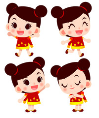 Obraz na płótnie Canvas Vector cute happy Chinese girl character in different actions isolated on white background.