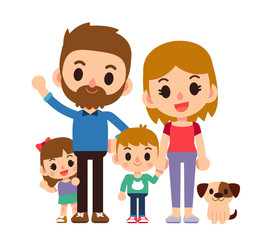 Vector illustration of young cute happy family characters isolated on white background.