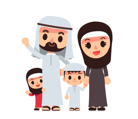 vector illustration of cute Arab family characters isolated on white background.