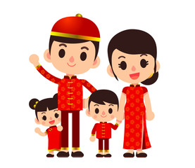 Vector illustration of young happy Chinese family characters isolated on white background.
