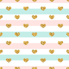 Gold heart seamless pattern. Pink-blue-white geometric stripes, golden confetti-hearts. Symbol of love, Valentine day holiday. Design wallpaper, background, fabric texture. Vector illustration