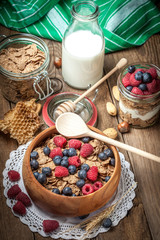 Tasty breakfast with milk and fruit.