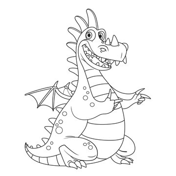 Cheerful dragon with little wings points aside outlines for coloring isolated on white background