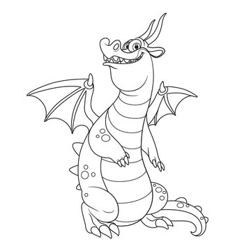 Cheerful dragon with wings and horns outlines for coloring isolated on white background