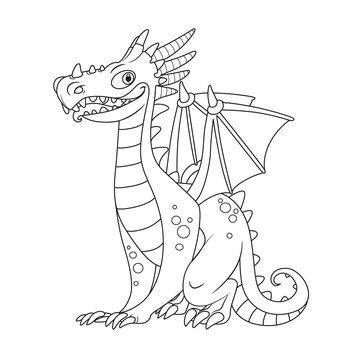 Cheerful dragon with wings and horns sit on white background outlines for coloring