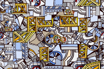 Vector seamless pattern with decorative industrial or machine elements. Abstract technical background. Hand drawn.
