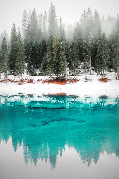Winterlandschaft am schweizer Caumasee mit einem vernebelten Wald der sich im kristallblauen See wiederspiegelt