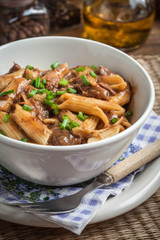 Pasta penne with pork sauce.