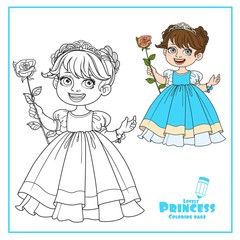 Little cute princess in tiara with beautiful rose on a long stalk color and outlined isolated on a white background