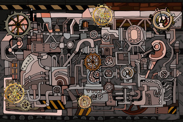 Vector seamless pattern with abstract industry or steampunk background. Fantasy technology or factory illustration with decorative machine sketch elements. Hand drawn.