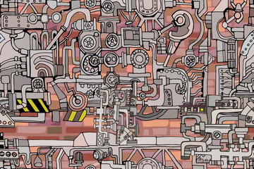 Vector seamless pattern. Abstract industrial factory, vintage technology or steampunk background with fantasy machines on brick surface. Hand drawn.