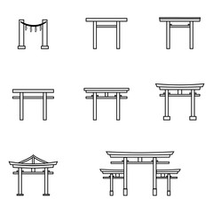 Vector Set of Outline Torii Gate Icons. Symbol of Shintoism