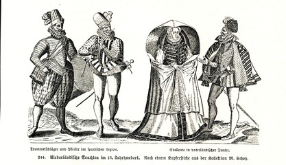 Fototapeta na wymiar Dutch fashions in the 16th century - spanish army musicians (left) and local aristocrats (from Spamers Illustrierte Weltgeschichte, 1894, 5[1], 543)