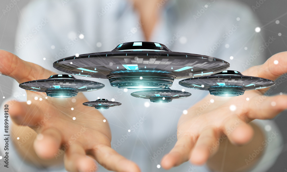 Aufkleber businesswoman with retro ufo spaceship 3d rendering