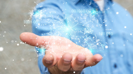 Businessman using digital binary code connection network 3D rendering