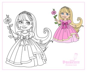 Cute little princess with long hair in tiara color and outlined isolated on white background