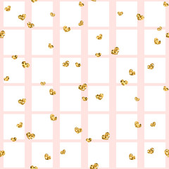 Gold heart seamless pattern. Pink-white geometric square, golden confetti-hearts. Symbol of love, Valentine day holiday. Design wallpaper, background, fabric texture. Vector illustration