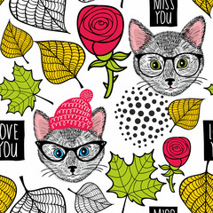Seamless background with cute cats and roses.