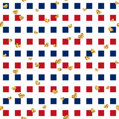 Gold heart seamless pattern. Blue-red-white geometric square, golden confetti-hearts. Symbol of love, Valentine day holiday. Design wallpaper, background, fabric texture. Vector illustration