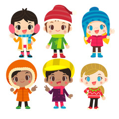 Vector set of cute girl characters in different winter clothing isolated on white background.