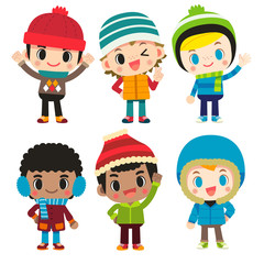 Vector set of cute boy characters in different winter clothing isolated on white background.