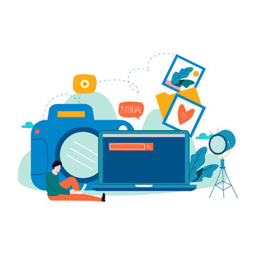 Photography classes, photography courses, tutorials, education concept, workshops flat vector illustration