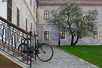 Bicycle in historic stone built-up area, lonely tree on green lawn