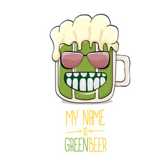 vector cartoon funky green beer glass character with isolated on white background. vector beer label or poster design template. my name is green beer or happy st. patricks day greeting card