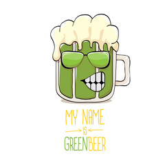 vector cartoon funky green beer glass character with isolated on white background. vector beer label or poster design template. my name is green beer or happy st. patricks day greeting card