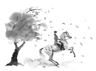 Horseback rider and rearing dapple grey horse. Autumn tree with falling windy leaves. Black and white monochrome watercolor or ink hand drawing art. Girl on stallion. England equestrian hunting style