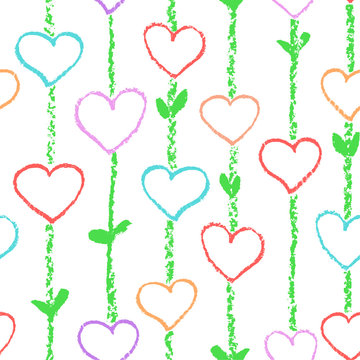 Floral love heart seamless pattern. Wax colorful crayon or pencil like kid`s drawn. Stroke stripes texture. Hand drawn art vector valentine background. Like child`s style love artistic design elements