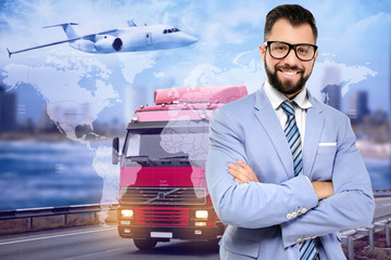 World map and truck with plane on background