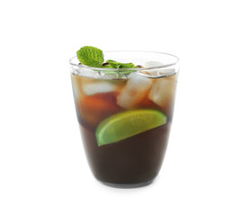 Glass of Cuba Libre cocktail on white background
