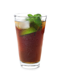 Glass of Cuba Libre cocktail on white background