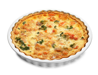 Baking dish with tasty broccoli quiche on white background