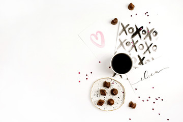 Watercolor postcards, coffee and sweets. Flat lay, top view Valentine's Day or Love composition.