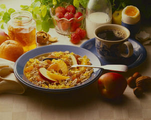 Frühstück mit Müsli,Kaffee,Ei und Obst