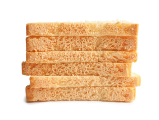 Slices of bread for toasting on white background