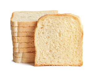Slices of bread for toasting on white background