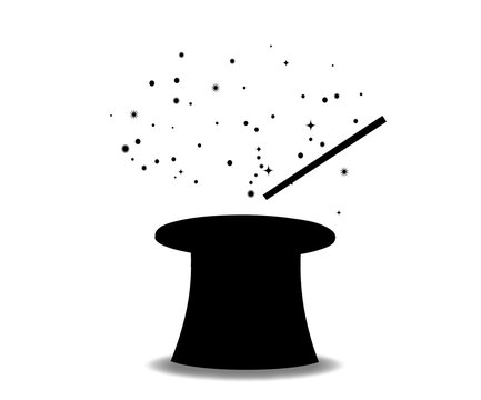 Black silhouette of magical cylinder top hat and wand with sparkles