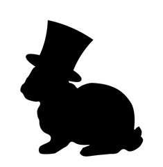 Black silhouette of fluffy rabbit or hare wearing magic cylinder top hat