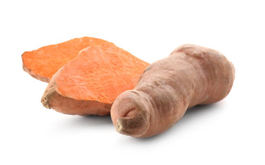 Cut sweet potatoes, isolated on white