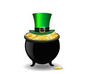 pot full of golden coins and green hat isolated on white background