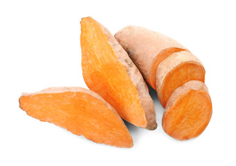 Cut sweet potatoes, isolated on white