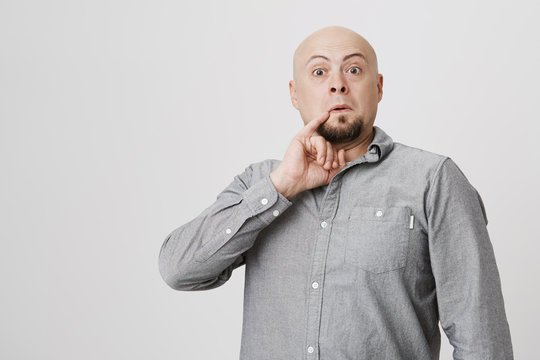 Studio shot of bald bearded man in gray shirt poses against gray background, holds little finger behind corner of his mouth, looks like Dr. Evil. Hairless male grimacing and making faces indoors