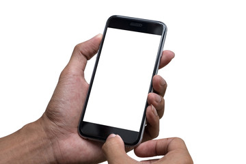 Close up of a man holding smartphone with blank screen mobile with isolate.