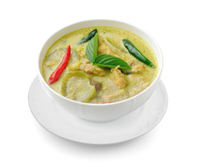 Thai food chicken green curry in the white bolw on white background
