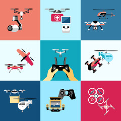 Digital vector flying drone objects color